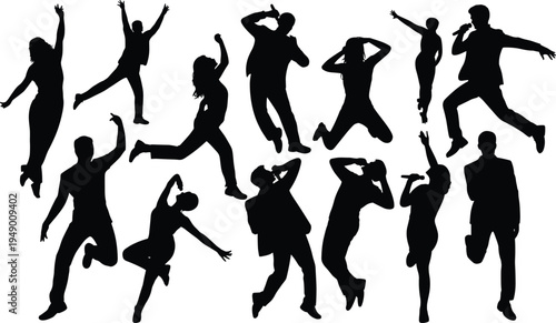 Singer and dancer silhouettes collection, jumping performers with microphone, music concert stage performance, entertainment show people vector illustration