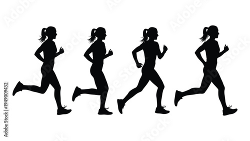 Silhouette of four women running in a line, depicting stages of motion and fitness