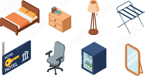 Hotel room furniture and amenities icons set including bed bedside table lamp luggage rack chair minibar mirror flat vector illustration