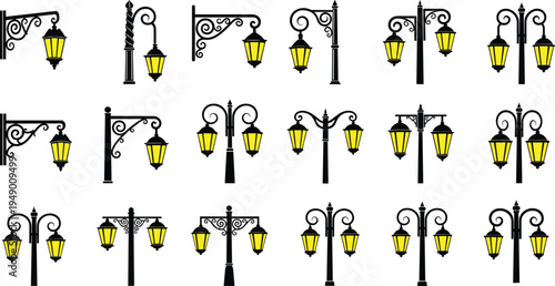 Vintage street lamps collection with decorative lantern posts classic city lighting elements isolated flat vector illustration set