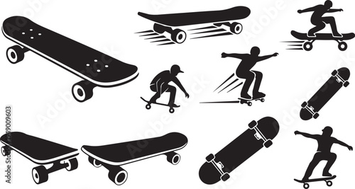 Skateboarding Silhouettes and Skateboards in Motion Vector Icons Set