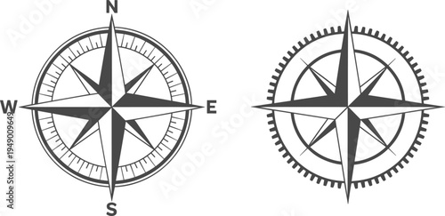 Vintage nautical compass rose vector set, retro marine navigation map icons for travel and ocean adventure