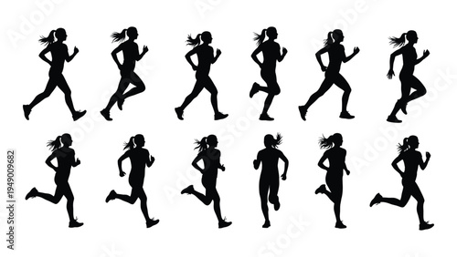 Collection of black silhouette runners in various poses on white background for fitness and sports illustrations