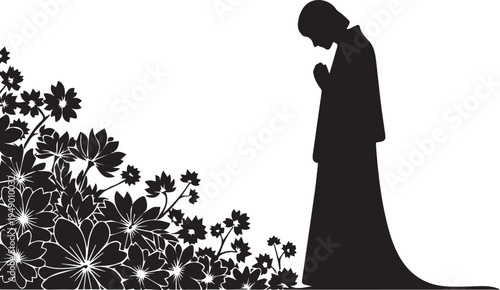 Pensive woman silhouette vector illustration standing in flower garden with floral design