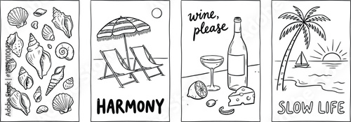 Set of four minimalist summer beach travel posters with sea shells and tropical landscape elements