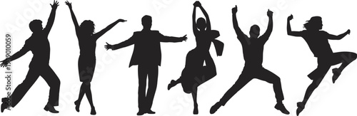 Happy people jumping silhouettes, celebrating success, joyful dancers, energetic crowd, freedom, motivation, teamwork spirit, excitement, festival mood, active lifestyle