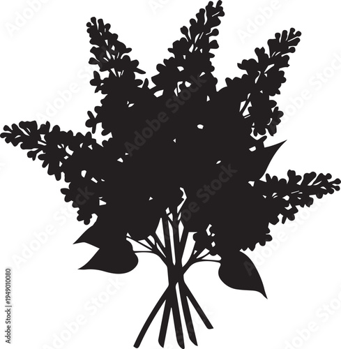 Silhouette illustration of a bouquet of lilac flowers vector with stems and leaves on transparent background