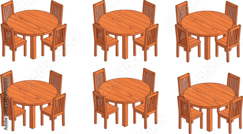 Wooden round dining table with chairs furniture set isolated dining room interior element flat vector illustration collection