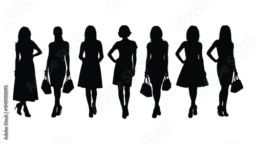 Silhouette of six women in various poses and dresses with handbags on white background