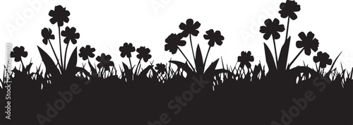 Wildflower field silhouette illustration with grass and blooming plants for landscape art
