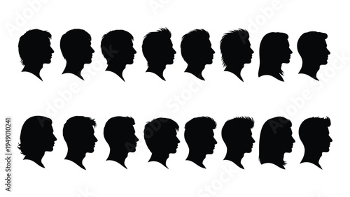 A collection of black silhouette profiles of multiple individuals facing right, diverse hairstyles and head shapes depicted in simple vector graphics