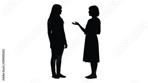 A silhouette illustration of two women engaged in conversation, communication and interaction concept
