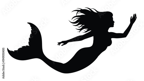 A beautiful black silhouette of a mermaid swimming in the ocean with her long hair flowing in the water, mythical sea creature, fantasy, underwater world, aquatic, tail, fins, sea goddess