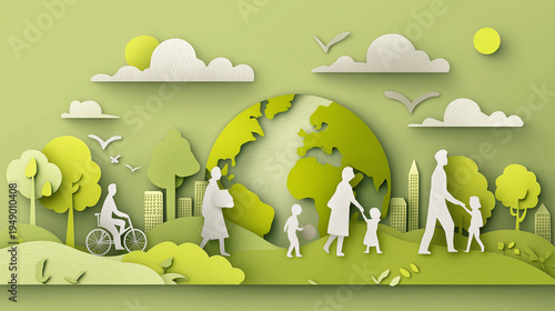World Earth Day Paper Cut Illustration – People Enjoying Eco City Life, Save Planet and Energy Concept