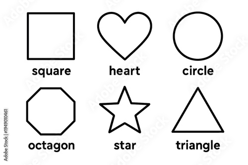 Basic Geometric Shapes Set – Square, Heart, Circle, Octagon, Star and Triangle Outline Vector