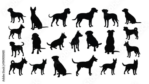 Collection of diverse dog breeds in black silhouette illustrations for design and educational use