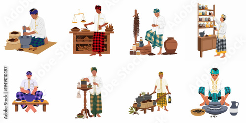 Traditional Balinese coffee production illustration set featuring men in ethnic attire grinding, weighing, and preparing coffee beans using manual heritage methods.