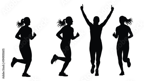 Silhouette of four people running and jumping in fitness and wellness concept with high energy and dynamic movement