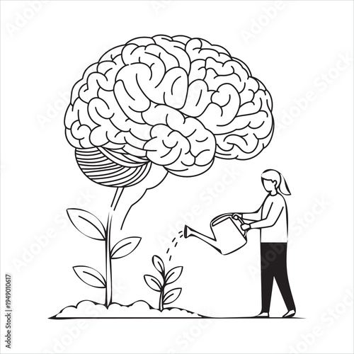 Brain Plant Growth Illustration Minimal Line Vector for Learning Concept