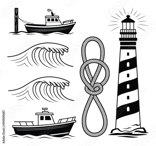 Nautical Vector Illustration with Boats, Lighthouse and Rope