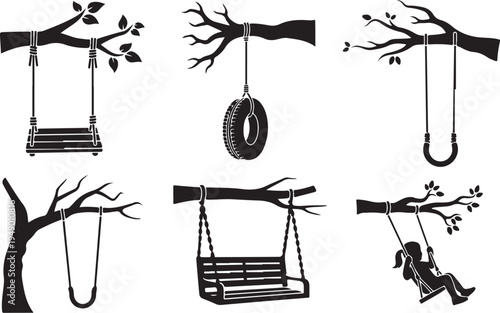 Black and white illustrations of swings hanging from trees