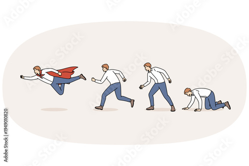 Evolution of business man turning into leader and superhero from crawling loser. Process of evolution of successful office manager who became successful thanks to hard work and responsibility