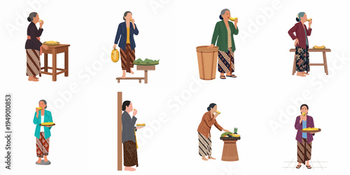 Collection of Indonesian elderly women in traditional kebaya and batik sarong eating and selling tropical fruits, flat vector illustration on white background.