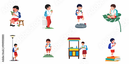 Set of illustrations featuring a schoolboy in a red and white uniform eating various snacks in different outdoor and indoor settings.