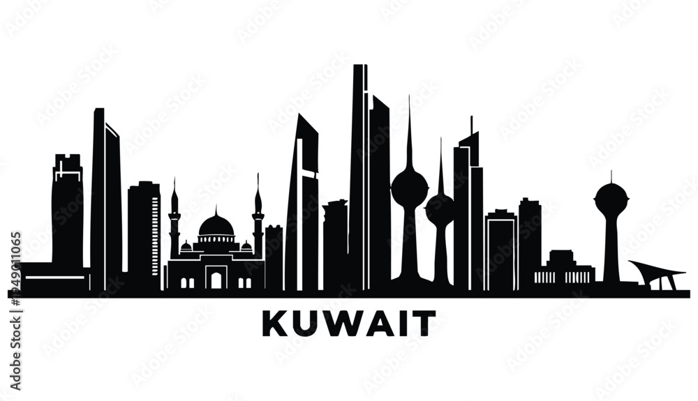 Fototapeta premium vector-style silhouette of the Kuwait City skyline set against a stark white background, featuring a horizontal arrangement of iconic buildings rendered in solid black