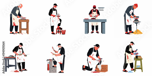 Set of vector illustrations of professional butchers in blood-stained aprons sharpening knives and cutting meat, isolated on a white background.
