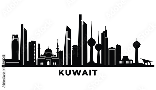 vector-style silhouette of the Kuwait City skyline set against a stark white background, featuring a horizontal arrangement of iconic buildings rendered in solid black