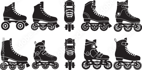 Collection of black roller skates and inline skates illustration