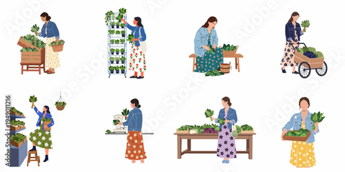 Set of flat illustrations showing women shopping for fresh greens and organic vegetables at a farmer's market, picking, weighing, and carrying produce.