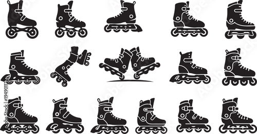 Collection of black roller skates in various positions shown