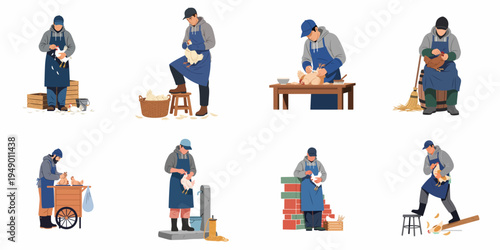 Illustration set of farmers and workers plucking and processing chickens in various rural settings, showcasing traditional poultry farming techniques.