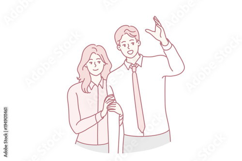 Man raising hand wanting to be noticed and modest smiling woman standing behind. Young family couple of guy in business clothes and girl dressed in casual style. Flat vector illustration