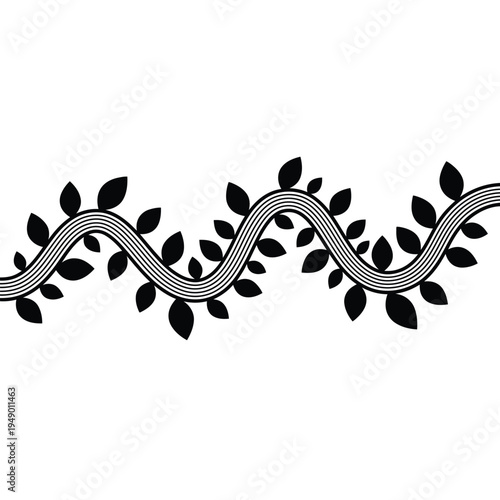 Elegant Wavy Vine with Leaves Decorative Border Element.