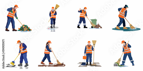 Collection of flat vector illustrations depicting male and female street cleaners in high-visibility vests performing various sanitation tasks with brooms and cleaning tools.