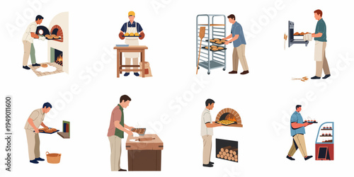 Set of professional male bakers and pastry chefs working in a bakery, preparing bread, pizza, and pastries in wood-fired and electric ovens.