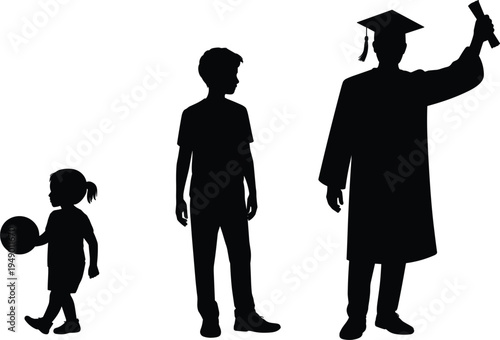 Human growth life cycle silhouette vector set, featuring child playing and student graduation for education success concept