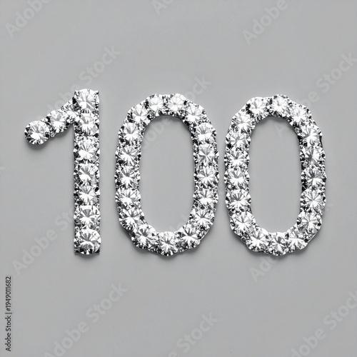 Number 100 made out of small diamonds on a neutral solid background