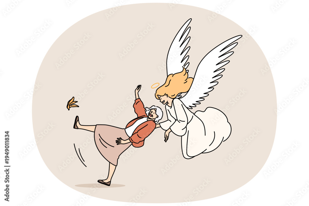 Obraz premium Guardian angel saves grandmother who has fallen on banana peel and is at risk of injury. Guardian angel with wings behind back and halo above head helps unfortunate grandmother during time of failure