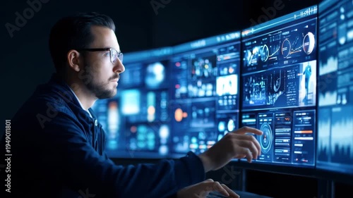 Cybersecurity data analysis control room computer screen monitoring technology office man engineer studies digital dashboard network security data