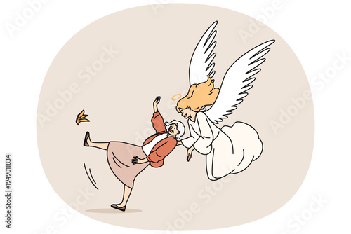 Guardian angel saves grandmother who has fallen on banana peel and is at risk of injury. Guardian angel with wings behind back and halo above head helps unfortunate grandmother during time of failure