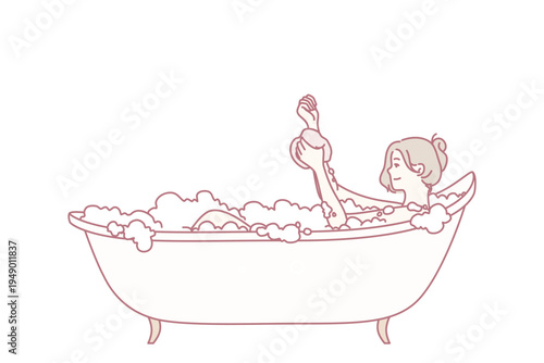 Young woman enjoys rubbing hand with washcloth bathing and relaxing after hard day at work. Optimistic girl lies in bath among foam and soap bubbles and smiles. Flat vector design