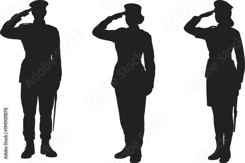 Military soldier silhouette vector set, male and female army officers saluting in uniform for patriotic veterans day