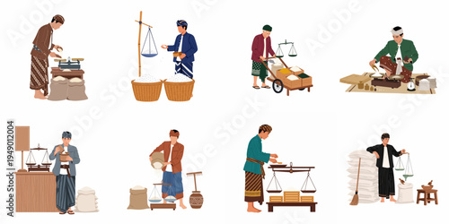 Set of illustrations showing traditional Indonesian merchants weighing and selling rice in sacks and baskets using vintage balance scales.