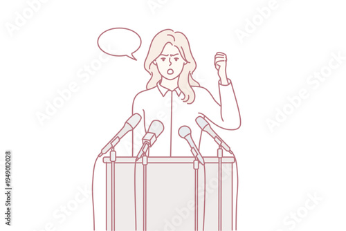 Professional woman politician speaks standing behind wooden tribune with microphones and waving hand. Young girl activist stands for tougher environmental regulations. Flat vector illustration