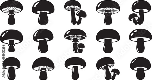 Black and white mushroom illustrations in various shapes sizes