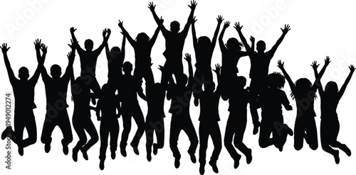 Silhouette of joyful group of children jumping together with raised arms, symbolizing unity, celebration, happiness, teamwork, and youthful energy in a festive atmosphere.